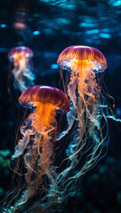 Glowing jellyfish swim deep in the deep blue sea. Medusa neon jellyfish fantasy concept.