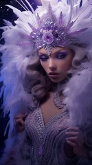 A frost princess with intense amethyst eyes, embraced by ethereal lavender feathers and glistening diamonds, set against a cosmic purple background.