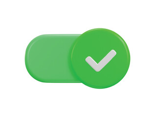 3d toggle switch on button icon in green color with check mark icon illustration
