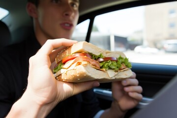 person eating a sandwich in car
