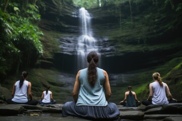 group practicing yoga near a waterfall