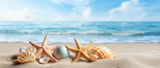 Fototapeta na wymiar shells and starfish on the sand against the background of the sea