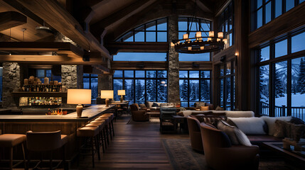 a bar with snow in the outside 