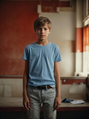 Stylish portrait of a boy wearing a T-shirt against the wall of a dilapidated house, perfect for graphic materials and mock-ups.