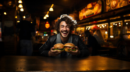 man holding two burgers and smiling