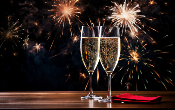 Dois copos de ano novo em cima da mesa, fundo com fogos de artif&iacute;cio de ano novo