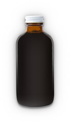 Close up view dark syrup on blank plain bottle isolated.