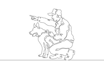 Fototapeta na wymiar Policeman with a service dog. Guard with a dog. Military border guard at his post. Police officer. One continuous line drawing. Linear. Hand drawn, white background. One line.