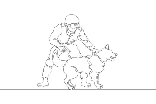 Policeman with a service dog. Guard with a dog. Military border guard at his post. Police officer. One continuous line drawing. Linear. Hand drawn, white background. One line.