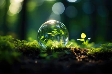 Rolgordijnen Glass ball with plants grown on the ground in forest environment concept © Photo And Art Panda