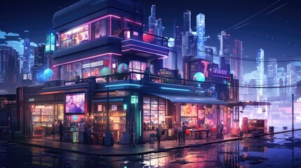 Modern futuristic city neighborhoods, between buildings and bars with neon lights