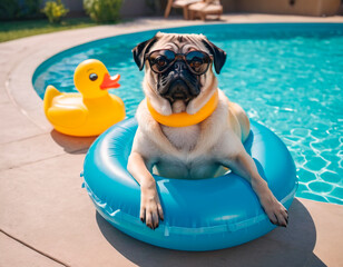 Cute pug dog in sunglasses lies on inflatable ring in swimming pool
