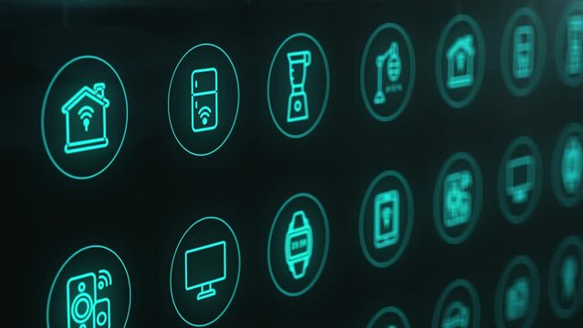 Modern digital background with shiny icons show technologies connected to wifi network in home. Ai is remote for every devices in our house.