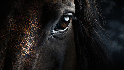 Recreation of eye black horse staring. Artificial intelligence - obrazy, fototapety, plakaty