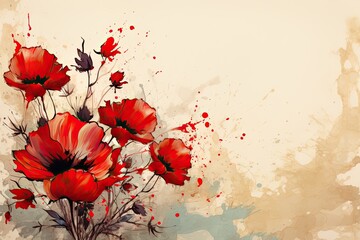 red poppy background modern ink painting.