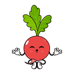 Radish doing yoga character. Vector hand drawn traditional cartoon vintage, retro, kawaii character illustration icon. Isolated on white background. Radish relax character