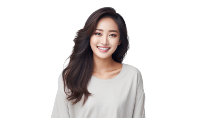 Studio portrait of a smiling asian woman isolated on white background, transparent cutout