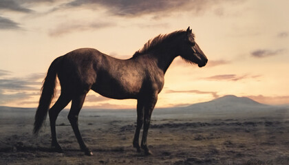Obraz na płótnie Canvas Recreation of a wild horse on the prairie at sunset