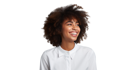 Smiling African woman looking to the left sideways, isolated on a transparent background