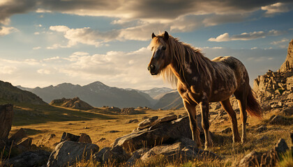 Recreation of a wild horse on the prairie - obrazy, fototapety, plakaty