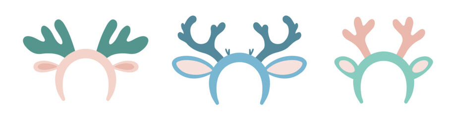 Reindeer Antlers Headband Set. Vector illustration. Pastel Green and Pink color. Christmas Accessory