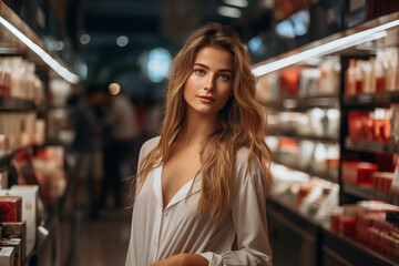 Young Caucasian woman chooses cosmetics or skincare in the store. Personal care and beauty concept