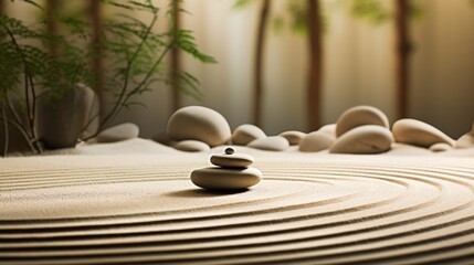 Tranquil Zen Garden with Raked Sand and Balanced Stones