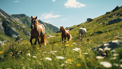 Recreation of wild horses in a field a sunny day - obrazy, fototapety, plakaty