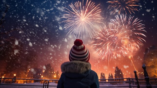 Rear view of child girl watch their New Year fireworks display amazement and delight in a snowy park in front of firework display, generative ai