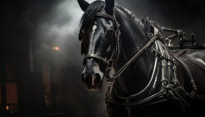 Recreation of a black horse with harness	 - obrazy, fototapety, plakaty