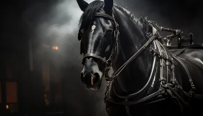 Foto op Canvas Recreation of a black horse with harness  © bmicrostock