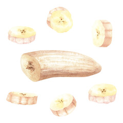 Edible peeled sliced fruit banana. Hand drawn watercolor food illustration isolated on white background. For clip art cards menu label package