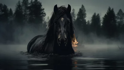 Foto op Canvas Tenebrist recreation of a black horse half submerged in a deluge © bmicrostock