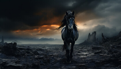 Recreation of wild horse staring in a tenebrist landscape - obrazy, fototapety, plakaty