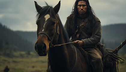 Recreación de indio americano indígena montando a caballo. - obrazy, fototapety, plakaty