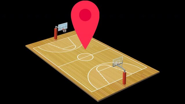 Animation of a map marker jumping in a loop on a basketball court indicating the geographic position of the sport field with transparency and alpha channel