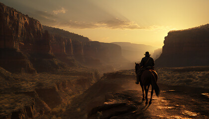 Recreation of a cowboy riding horse in the grand canyon at sunset - obrazy, fototapety, plakaty