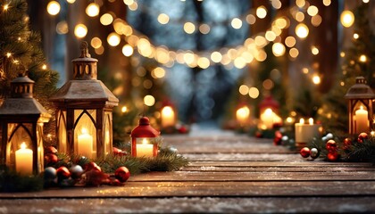 Drewniany podest otoczony lampionami,świecami, lampkami i świątecznymi ozdobami. Świąteczna aranżacja, bożonarodzeniowe tło - obrazy, fototapety, plakaty