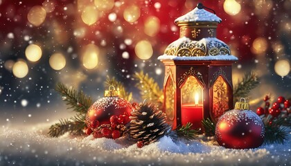 Bożonarodzeniowe tło z lampionem, świecą, czerwonymi bombkami, śniegiem i ozdobami świątecznymi - obrazy, fototapety, plakaty