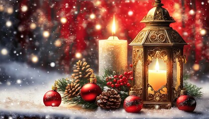 Bożonarodzeniowe tło z lampionem, świecą, czerwonymi bombkami, śniegiem i ozdobami świątecznymi - obrazy, fototapety, plakaty