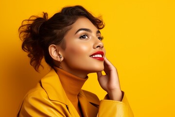 A chic Gen Z woman strikes a pose, fully exposing her ear, set against a trendy mustard yellow background.