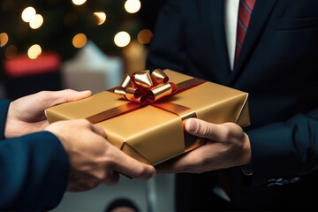 Close up view of hands Giving a business gift in an office, AI Generative