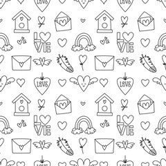 Valentines Day doodle style seamless pattern in black and white, hand-drawn love theme icons and quotes background. Romantic mood, cute symbols and elements collection.