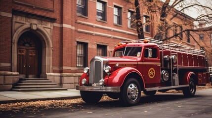 A vintage fire truck from yesteryears parked in front of a historic fire station, its red paint and polished brass accents standing out against the brick facade.