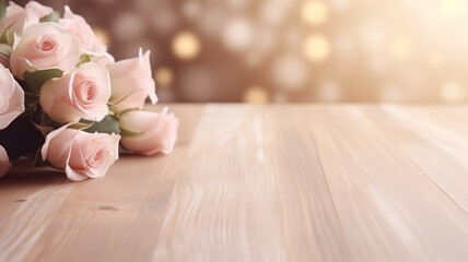 blank wood table top and a blurred bouquet wedding interior. - Valentine's day concept. - obrazy, fototapety, plakaty