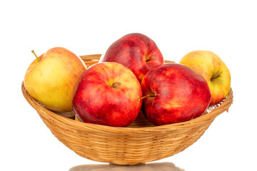 Several ripe juicy apples in a straw bowl, macro, isolated on white background.
