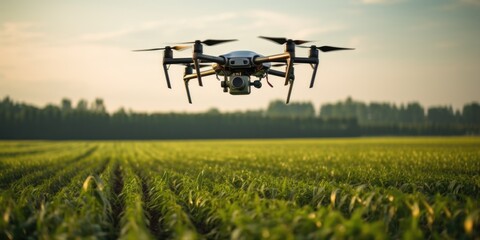 A drone flying over a field of green grass