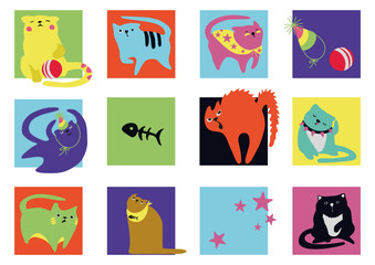 Colorful cats. Hand drawn funny characters. Collection of vector illustrations, isolated objects