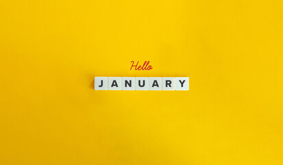 Hello January Banner. Block Letter Tiles and Cursive Text on Yellow Background. Minimalist Aesthetics. - obrazy, fototapety, plakaty