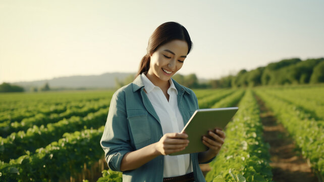 Research or agriculture woman holding tablet on farm for sustainability, production or industry growth analysis.